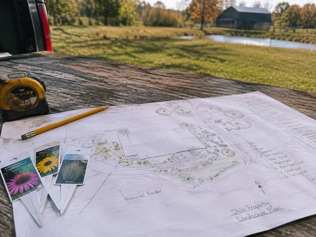 Hand drawn Ohio landscape plan with plant tags on a wooden tailgate