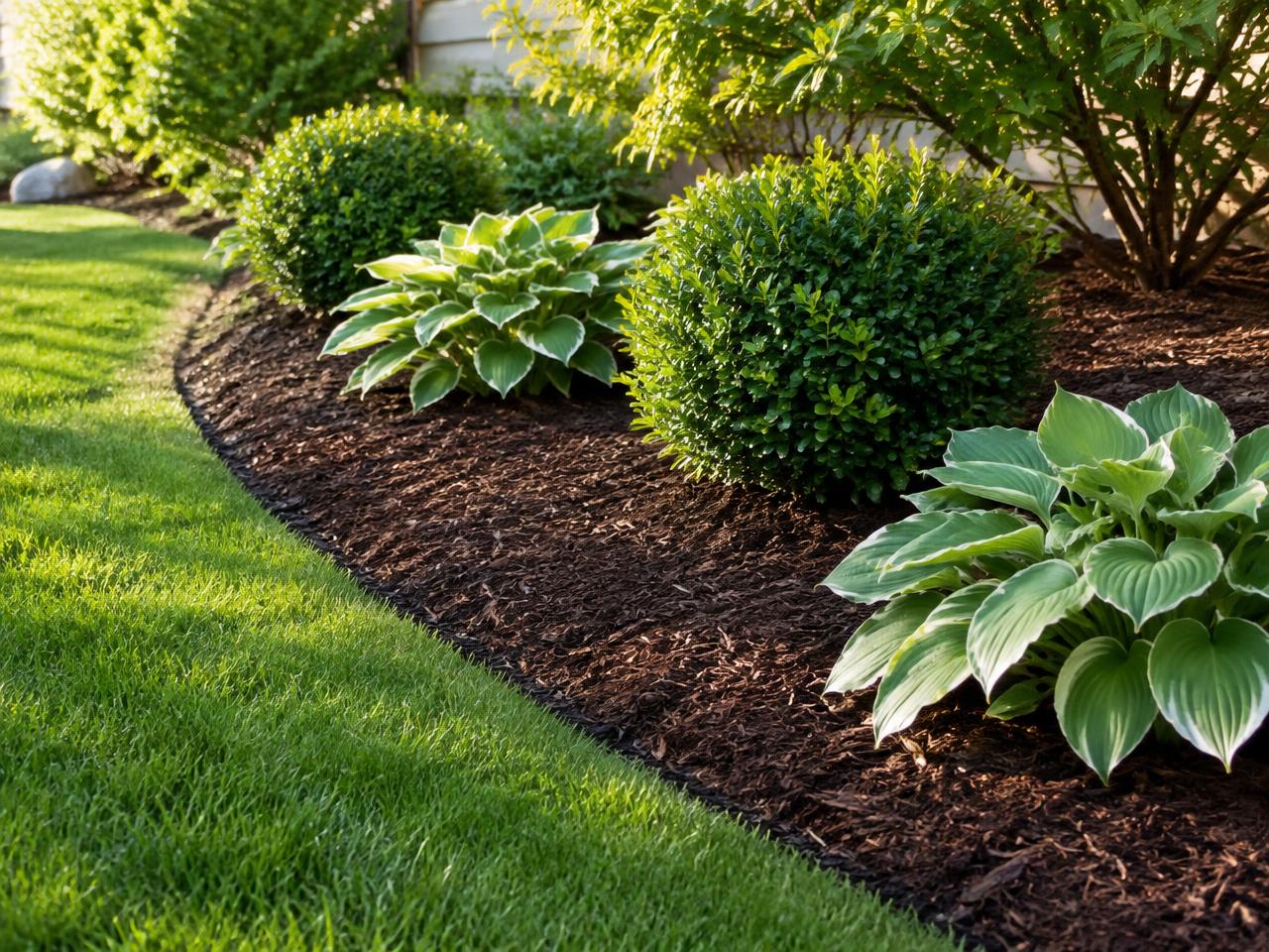 Freshly mulched planting bed edged cleanly against green lawn