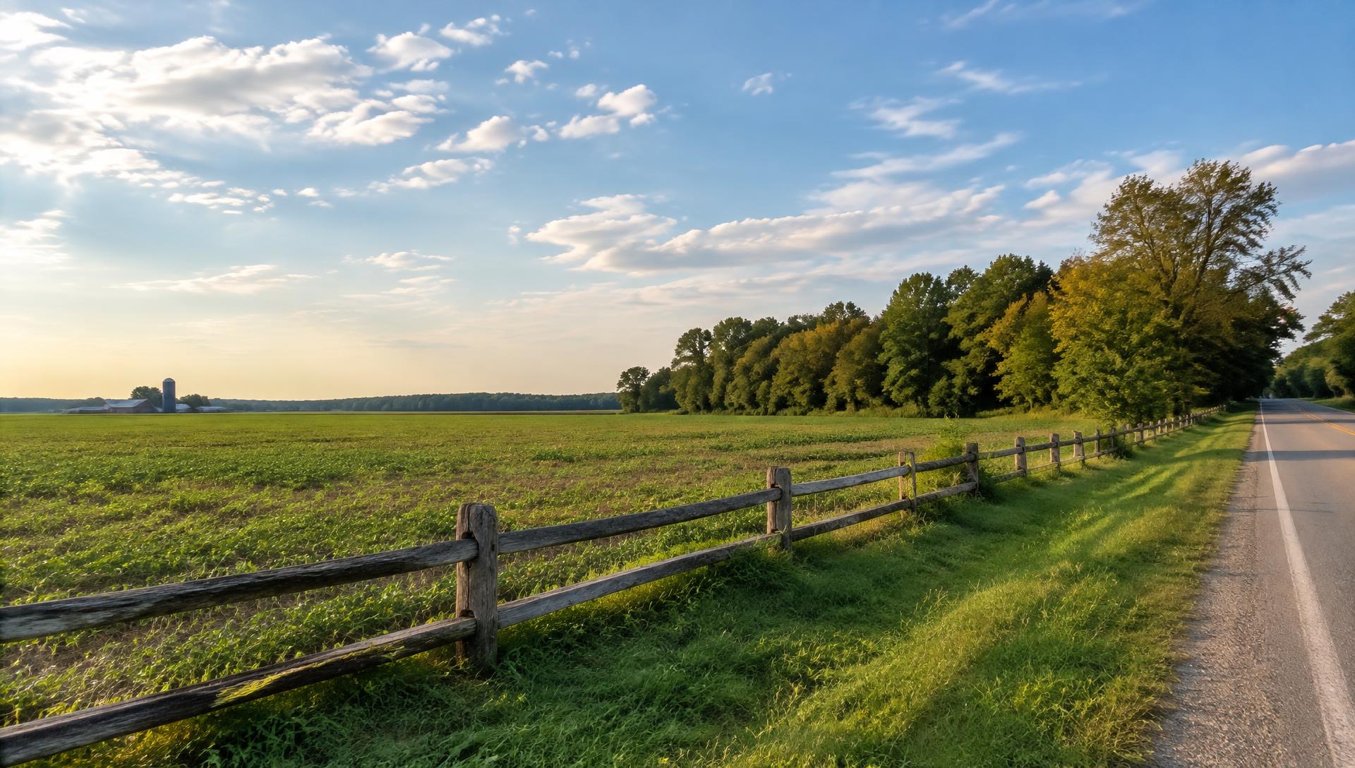 Open farmland, split rail fence and tree line along a country road near Plain City, Ohio