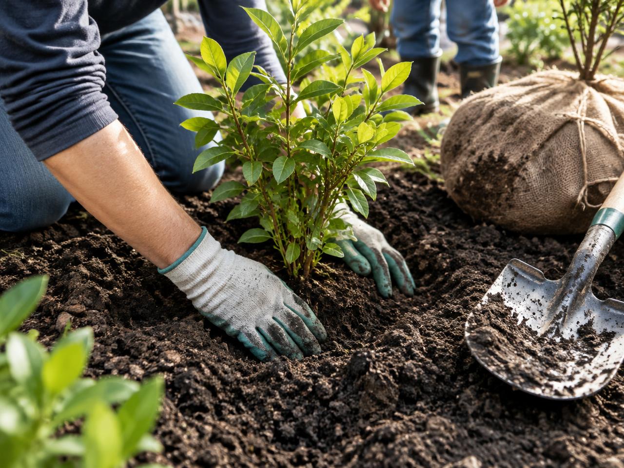 Gloved hands setting a young shrub into prepared soil