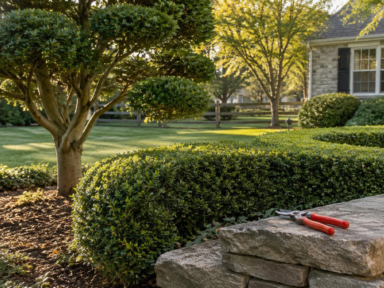 Pruned ornamental tree and shaped boxwood hedge in a kept Ohio yard